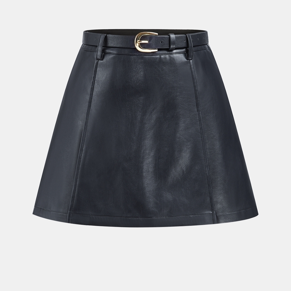 Elegant Navy Blue Faux Leather Skirt